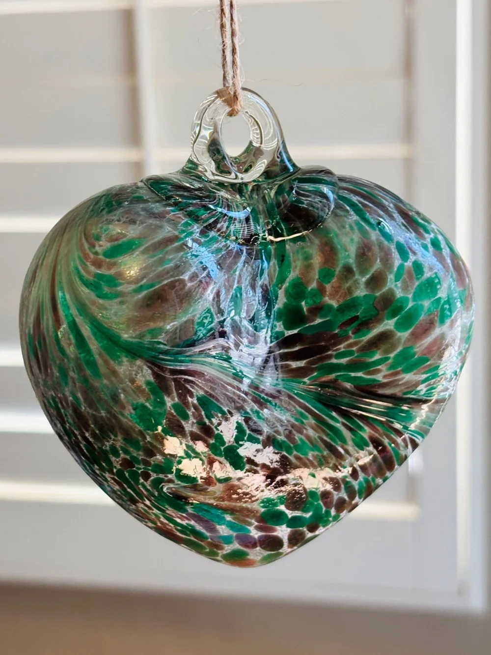 Handblown Green Glass Heart Ornament ~ Christmas Ornament ~